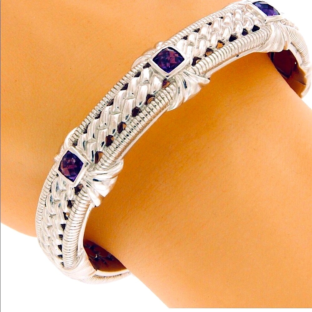 Judith Ripka Sterling/Amethyst Hinged Cuff Bracelet